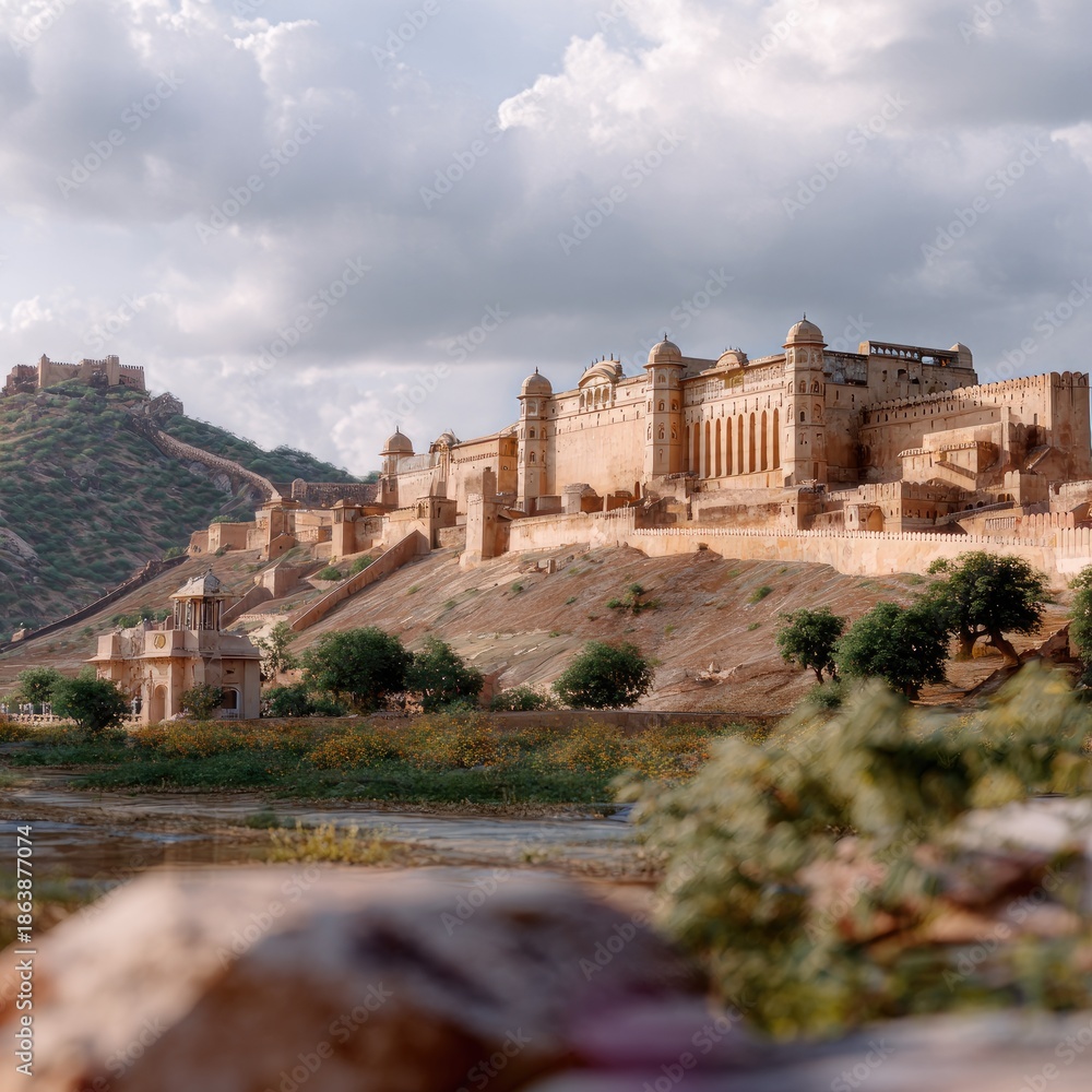 Fototapeta premium Majestic Fort on a Hilltop Surrounded by Lush Greenery and Clear Blue Sky in a Serene Landscape