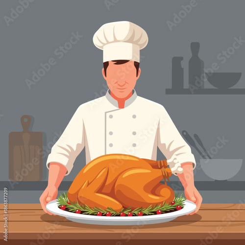 Professional chef presents delicious roast turkey on platter for feast