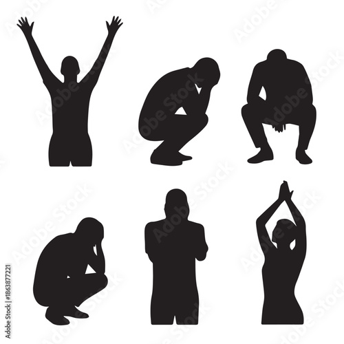 Vector silhouettes of people expressing diverse emotions, mental health concepts, and victory