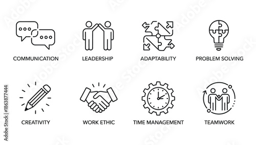 vector soft skills icons with editable stroke, featuring interpersonal attributes like communication, teamwork, adaptability, problem solving, creativity, work ethic, time management, and leadership.