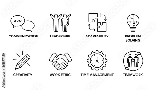 vector soft skills icons with editable stroke, featuring interpersonal attributes like communication, teamwork, adaptability, problem solving, creativity, work ethic, time management, and leadership.