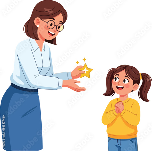 Teacher giving bright star to happy student appreciating recognition