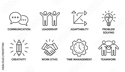 soft skills vector icons set with editable outlines, showing interpersonal and workplace success attributes such as communication, teamwork, problem solving, creativity, time management, leadership.
