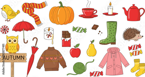 Autumn season cozy icon set vector illustration with fall clothing pumpkin tea umbrella candy and warm seasonal elements