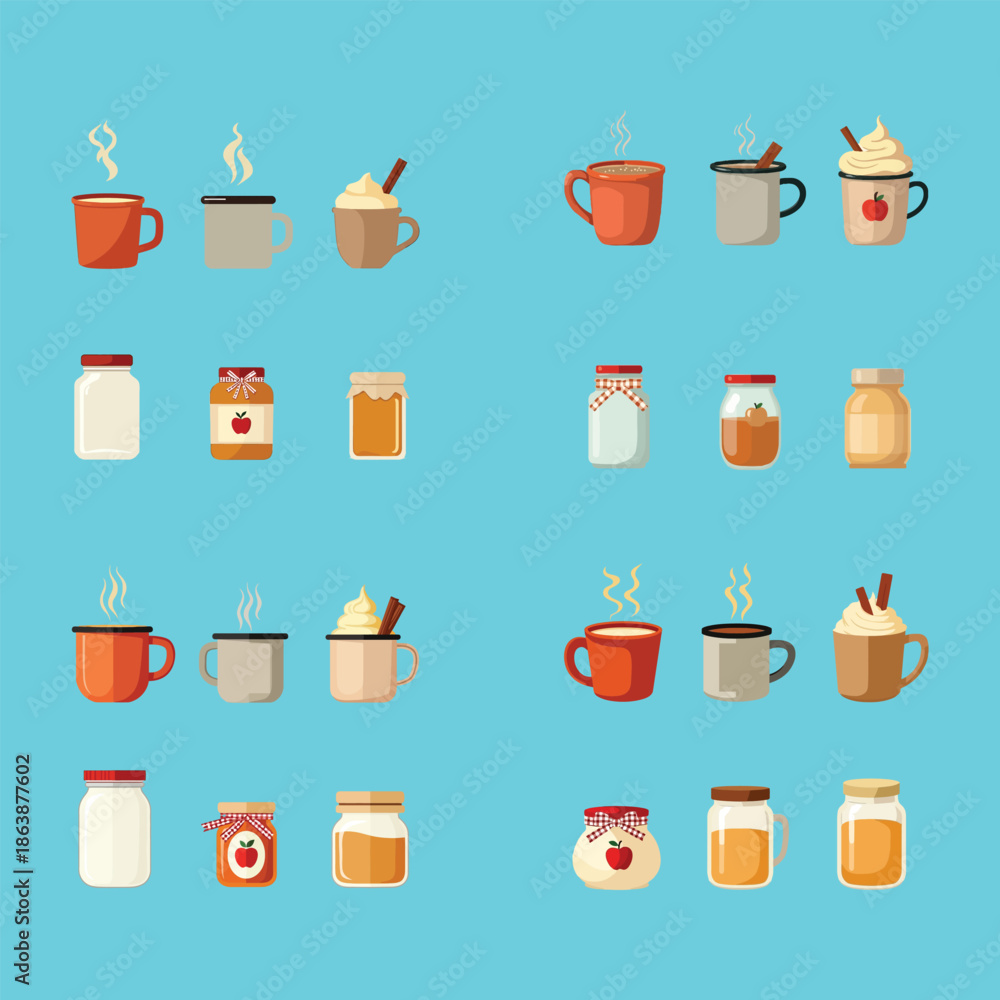 Obraz premium Winter warm beverage cup collection vector illustration with mugs jars and seasonal drinks