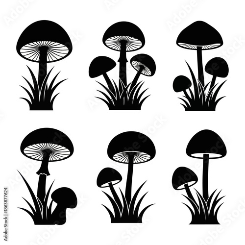Black and White Mushroom Silhouettes in Grass.