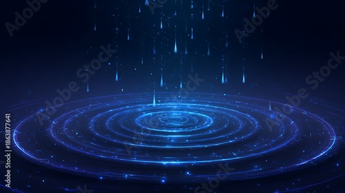 futuristic glowing low poly falling water drops and water circle ripples on dark blue background.