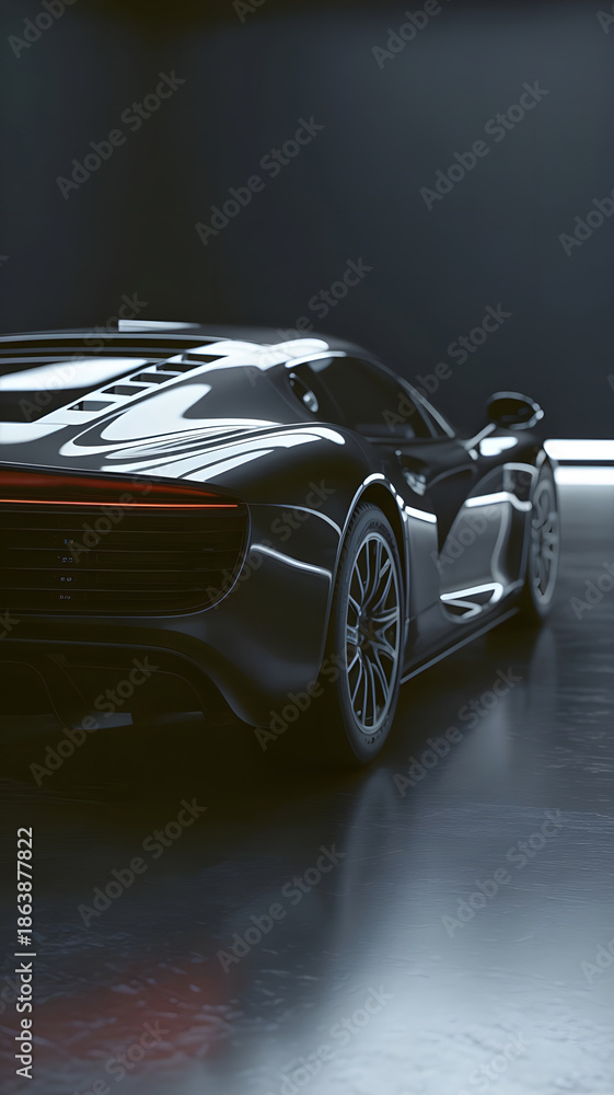 Naklejka premium Sleek Automotive Elegance Captured with Moody Lighting and Reflective Surfaces