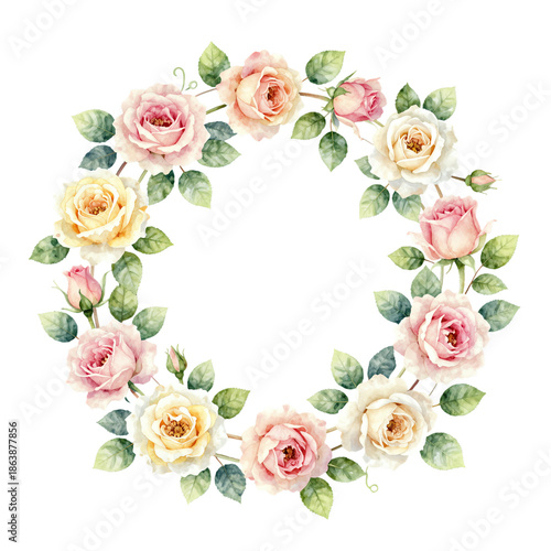 Watercolor floral wreath with roses and green leaves