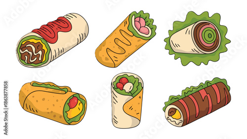 Burrito Variety: A culinary illustration showcasing diverse burritos, each bursting with vibrant flavors and textures. From classic fillings to creative combinations.