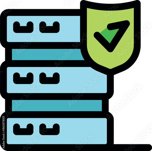 Server security visualized with shield and check mark, representing data protection, reliability, and safe storage in digital environments