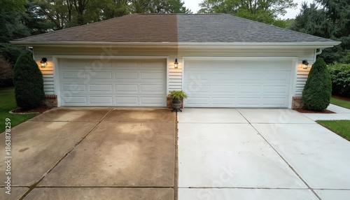 Dirty garage driveway halved shows cleaning before and after. A stained concrete path is restored to a bright, fresh, white surface after pressure washing service. © Viktor