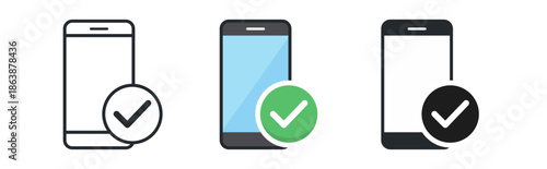 Set of smartphone icons featuring check marks in various styles and colors.