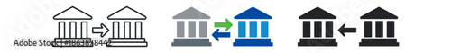 A series of icons representing financial institutions and transactions, showcasing changes in style and color.