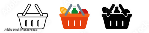 Stylish shopping basket icons in three variations: outline, colored, and solid black, perfect for grocery-related designs.
