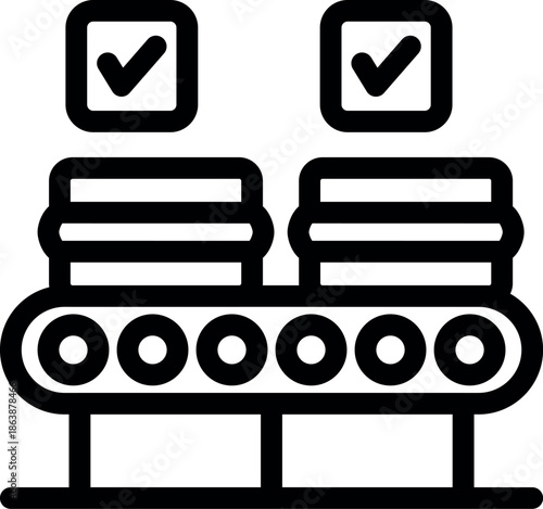 Conveyor belt transporting boxes, each marked with a checkmark, symbolizing successful quality control and product verification in a manufacturing or delivery process