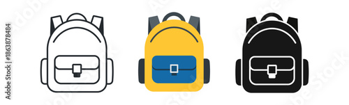 Three distinct backpacks in varying colors and styles: classic black, bright yellow with blue accents, and minimalist white.