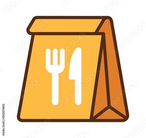 A vibrant yellow takeout bag featuring a fork and knife icon, perfect for meal delivery and restaurant branding.