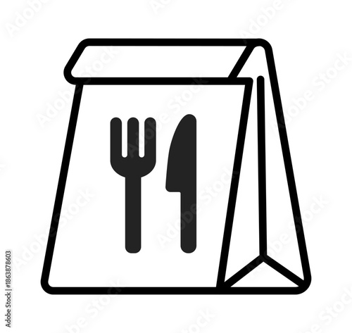 A minimalist illustration of a takeout bag featuring a fork and knife icon.
