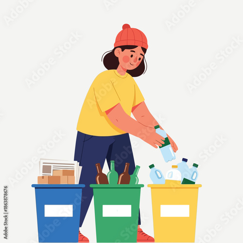 Conscious young woman sorting recyclables with smile for eco living