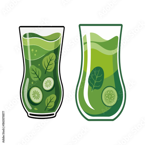 Green detox smoothie vector illustration with spinach leaves and cucumber slices in glasses isolated