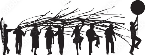 Diverse group of people silhouettes carrying a large branch together