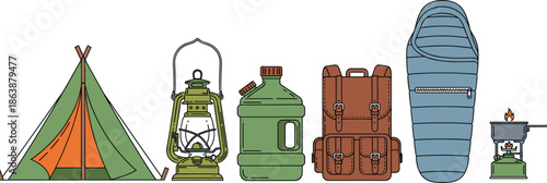 Camping equipment illustration set, tent lantern backpack sleeping bag stove canteen, outdoor adventure gear, hiking travel essentials, flat vector design