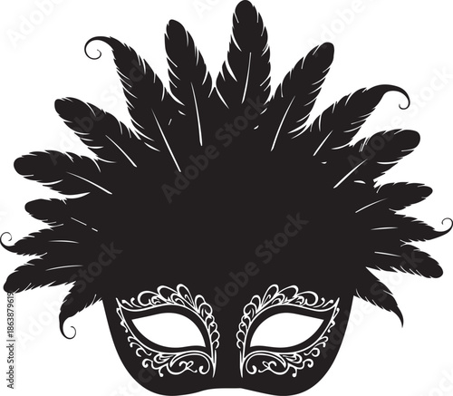 Ornate black masquerade mask with feathers isolated on white background