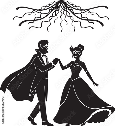 Masquerade ball couple dancing silhouette with ornate chandelier