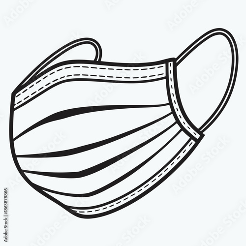 A black and white illustration of a pleated disposable face mask with ear loops and stitched edges, commonly used for health protection and hygiene.