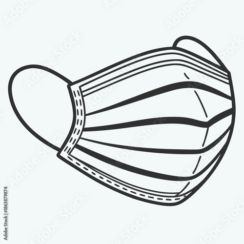 A simple black-and-white line drawing of a disposable surgical face mask, shown from a side angle with pleats visible and ear loops extending out.