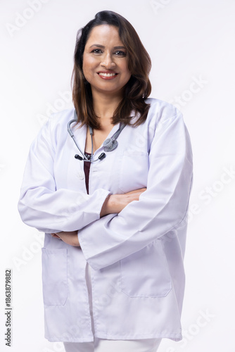 Photo of doctor lady smile looking at camera wear stethoscope white uniform isolate white background
