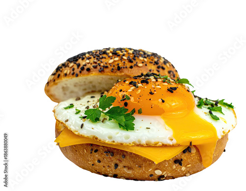 A close-up shot of an egg sandwich with a runny yolk and sprinkled seasonings