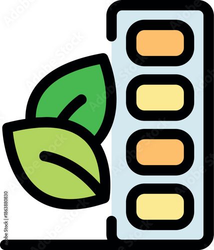 Blister pack of pills with green leaves representing natural medicine, herbal remedies, and alternative healthcare
