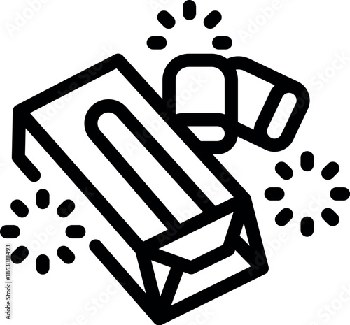 Wet wipes package opening with cleaning sparkles, simple cleaning line icon