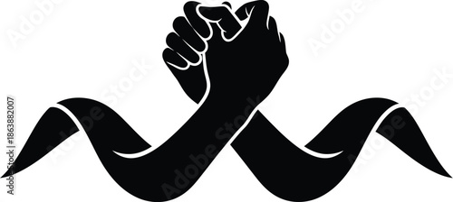 Black and white graphic illustration symbolizing firm handshake partnership strong bond agreement and mutual support 