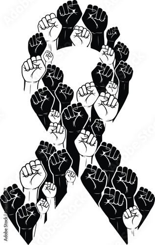 Diverse raised fists in black and white form a powerful awareness ribbon shape symbolizing solidarity and resistance movements globally.