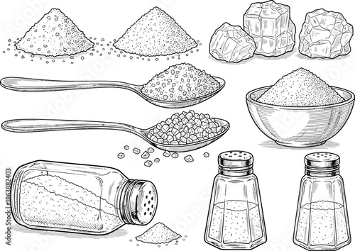 Collection of salt illustrations, including piles, spoons, bowls, and shakers