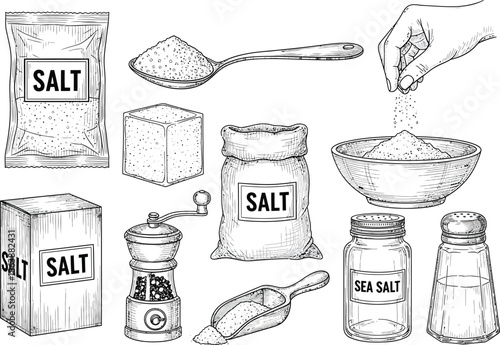 Collection of salt containers and preparation tools in a sketch style