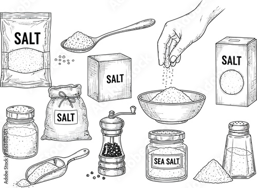 Collection of salt and pepper containers and ingredients