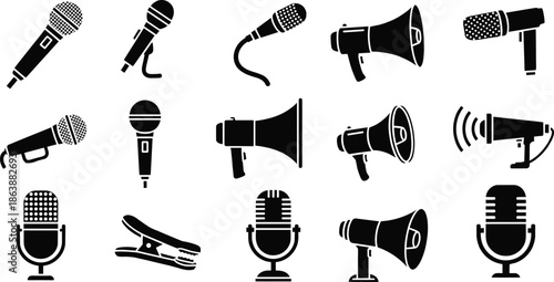 Audio microphone megaphone icon set vector illustration, broadcast recording sound equipment symbols collection, podcast radio communication devices, flat black silhouette design,