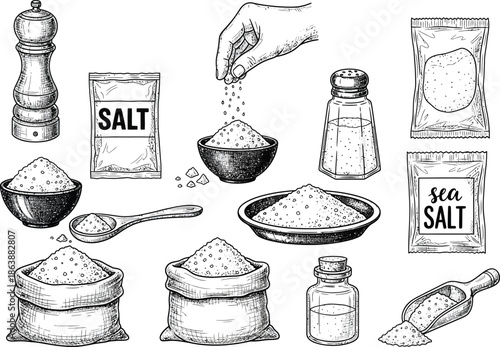 Collection of salt products and containers in a sketch style