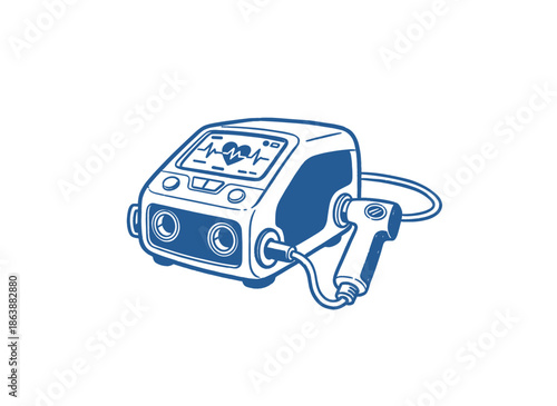 Medical Monitor Diagnostic Device.Hand Drawn EKG Heartbeat Monitor.Vintage Style Patient Machine.Healthcare Equipment Vector Sketch.Monochrome Cardiol