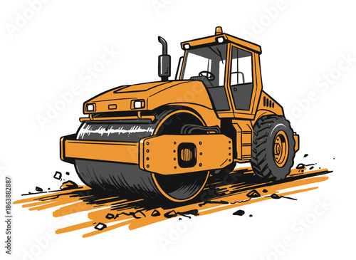 Road Roller Heavy Machine.Compactor Vehicle Illustration.Construction Equipment Graphic.Hand Drawn Paving Sketch.Industrial Steamroller Icon