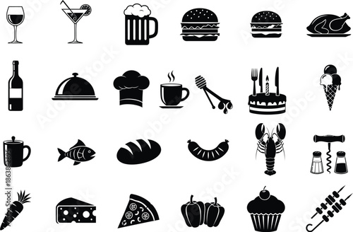 Collection of food and drink icons in black and white
