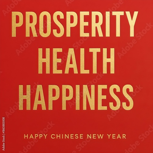 Prosperity Health Happiness Greeting Card for Happy Chinese New Year with Bold Gold Foil Typography on Solid Red Textured Background