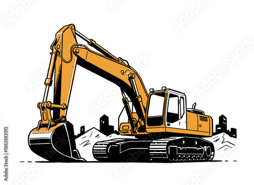Heavy construction excavator.Industrial vector illustration.Digger machine graphic.Equipment engineering badge.Earthwork vehicle concept