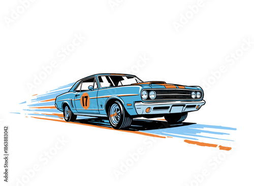 Classic Race Car Illustration.Retro Muscle Car Speedster.Vintage Drag Racing Vector.Dynamic Automotive Art.High Speed Coupe Graphic