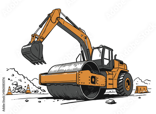 Heavy construction vehicle.Excavator roller machine.Roadwork machinery art.Industrial equipment vector.Big construction truck