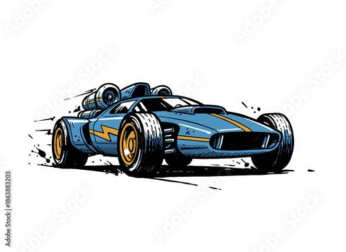 Jet Powered Hot Rod Vector.Blue Racing Car Illustration.Retro Speed Vehicle Art.Fast Comic Style Dragster.Extreme Sports Automobile